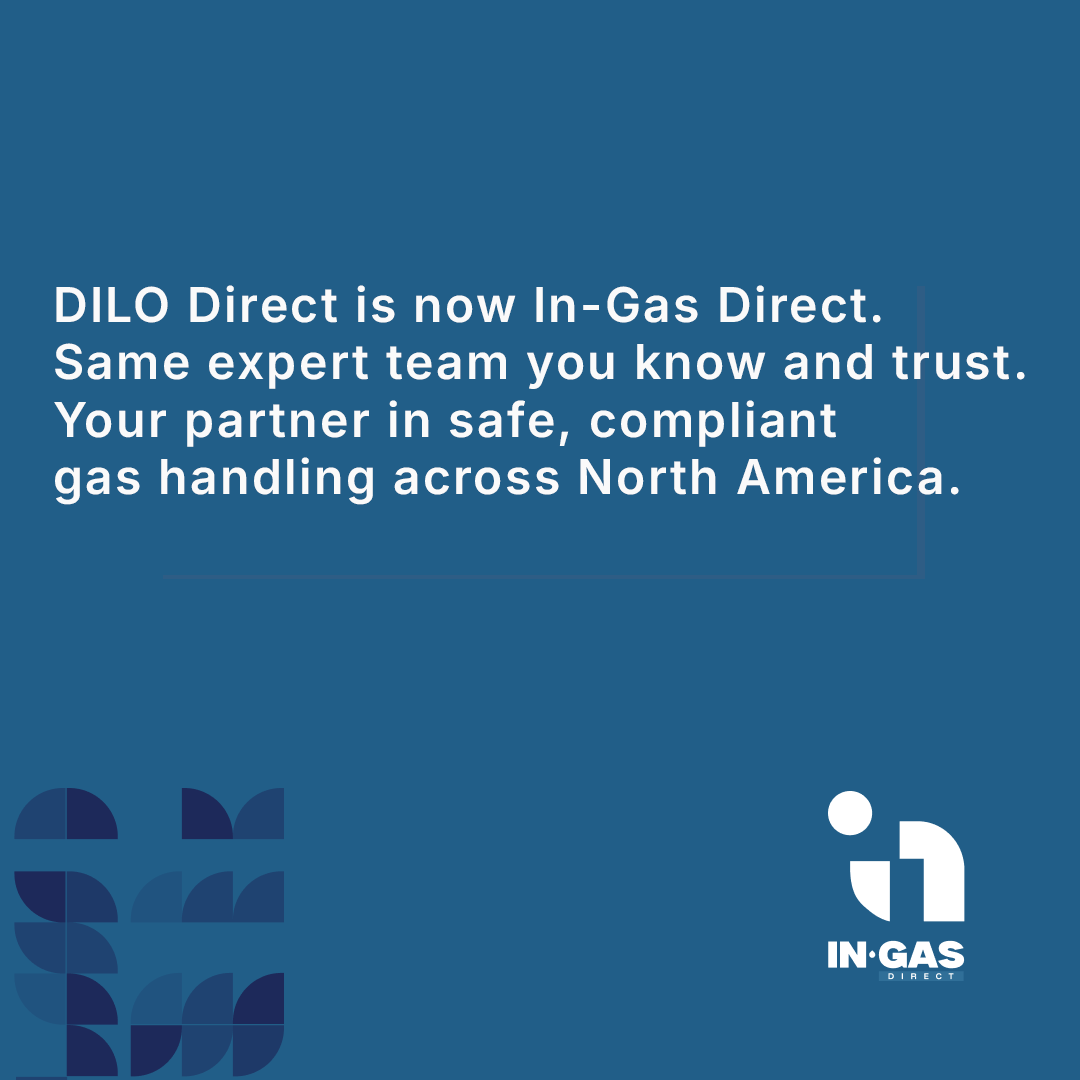 Graphic with In Gas logo and statement saying "DILO Direct is now In-Gas Direct. Same expert team you know and trust. Your partner in safe, compliant gas handling across North America.
