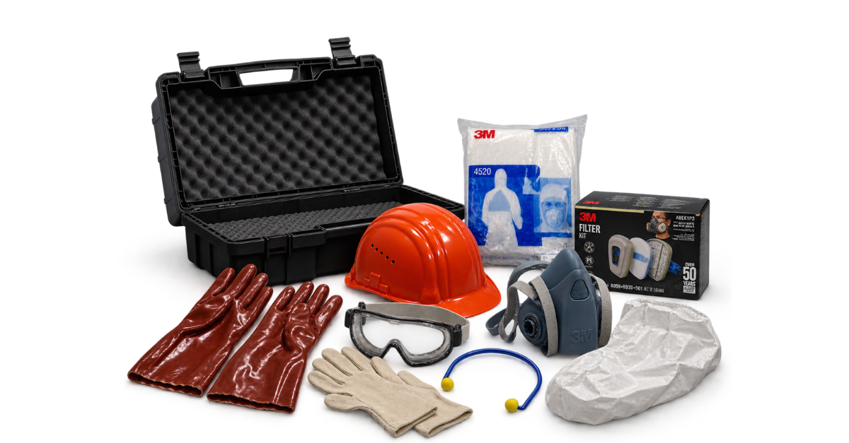 DILO personal protective equipment (PPE) kit with carrying case, respirator, safety helmet, goggles, gloves, protective coveralls, boot covers, and hearing protection.